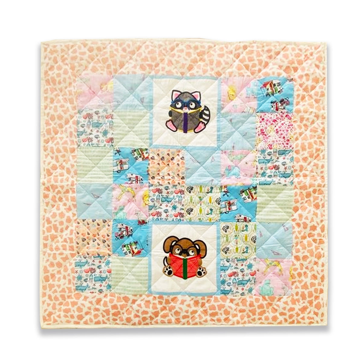 Baby Quilt: Embroidery- Peach & Blue Reading Animals