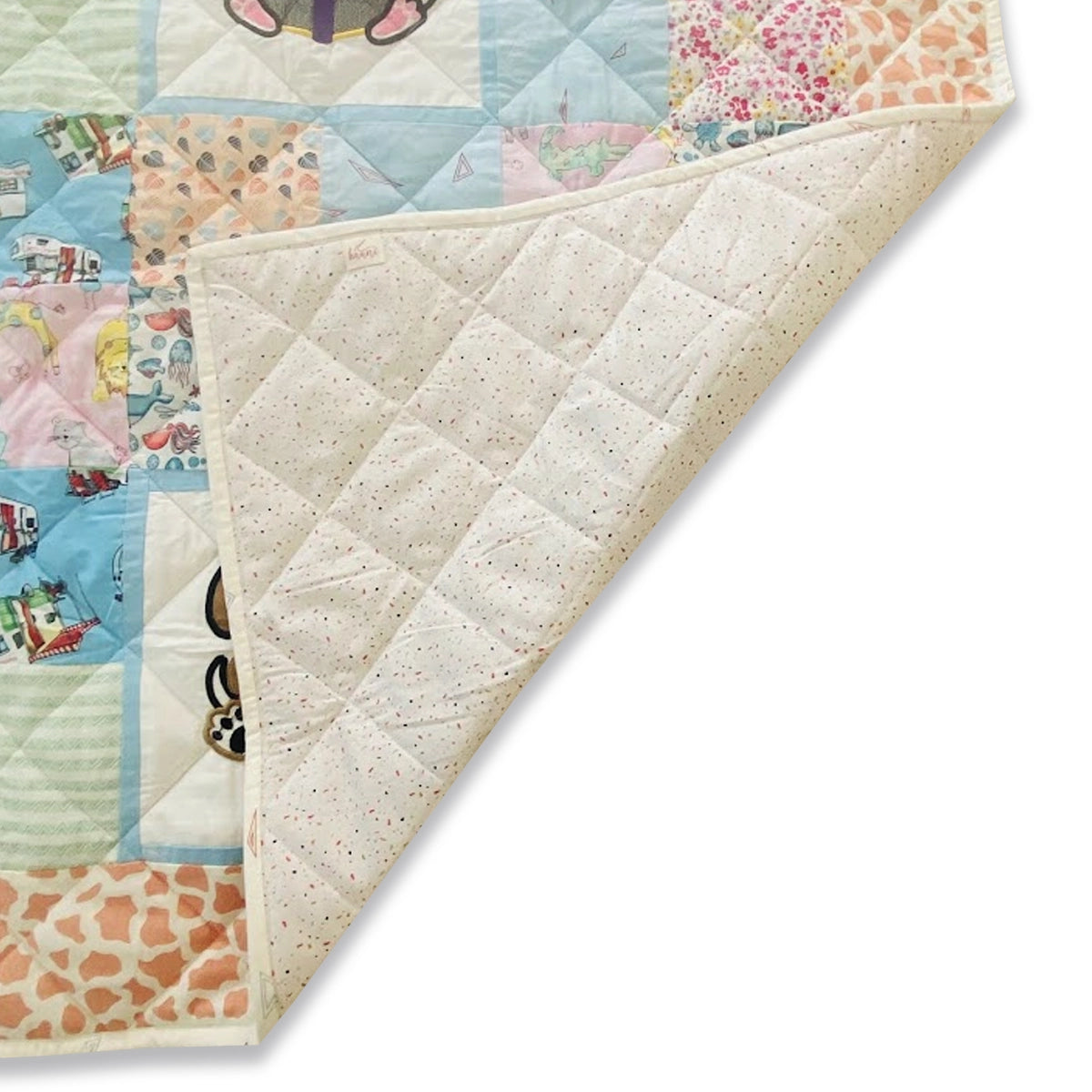 Baby Quilt: Embroidery- Peach & Blue Reading Animals