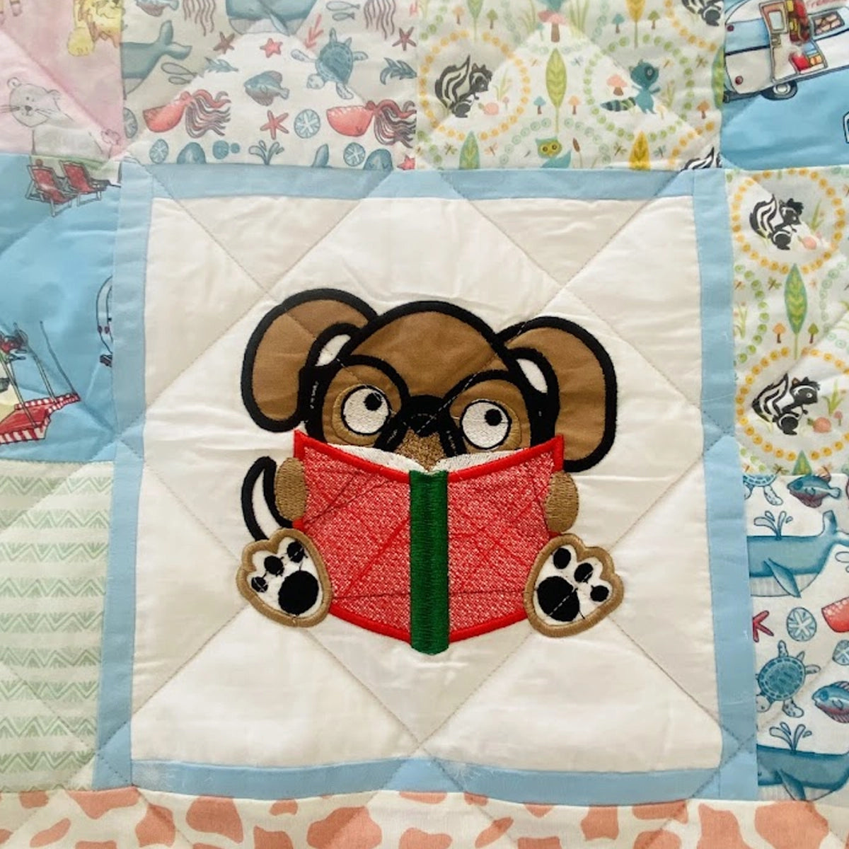 Baby Quilt: Embroidery- Peach & Blue Reading Animals