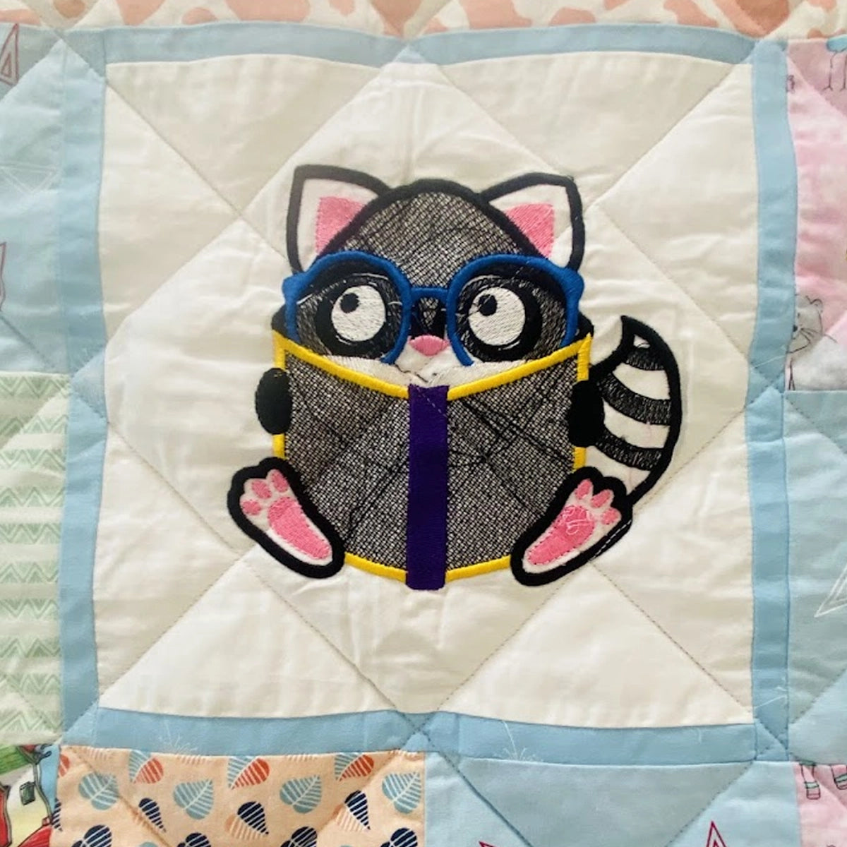 Baby Quilt: Embroidery- Peach & Blue Reading Animals