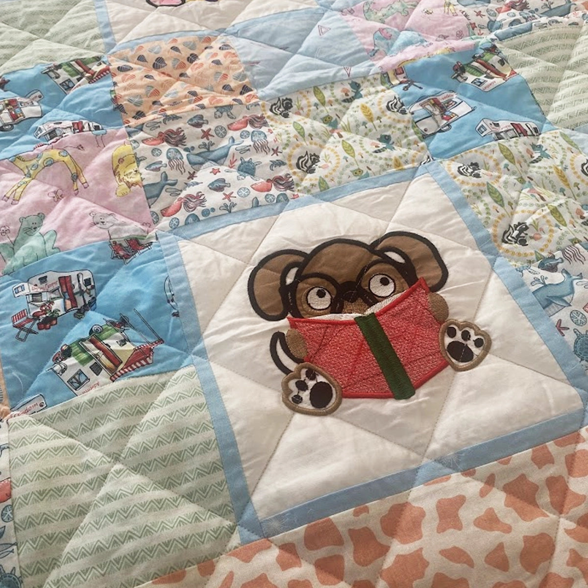 Baby Quilt: Embroidery- Peach & Blue Reading Animals