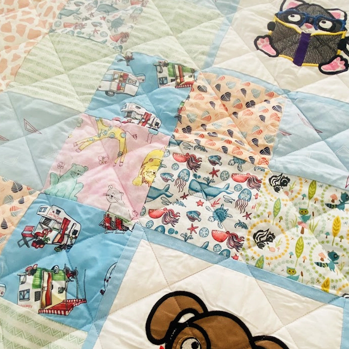 Baby Quilt: Embroidery- Peach & Blue Reading Animals