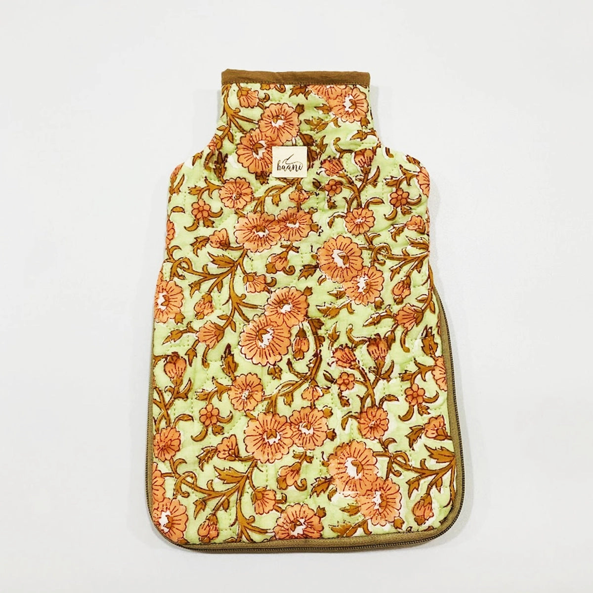 Camellia Hot Water Bag Cover: Peach Lime Green Florals