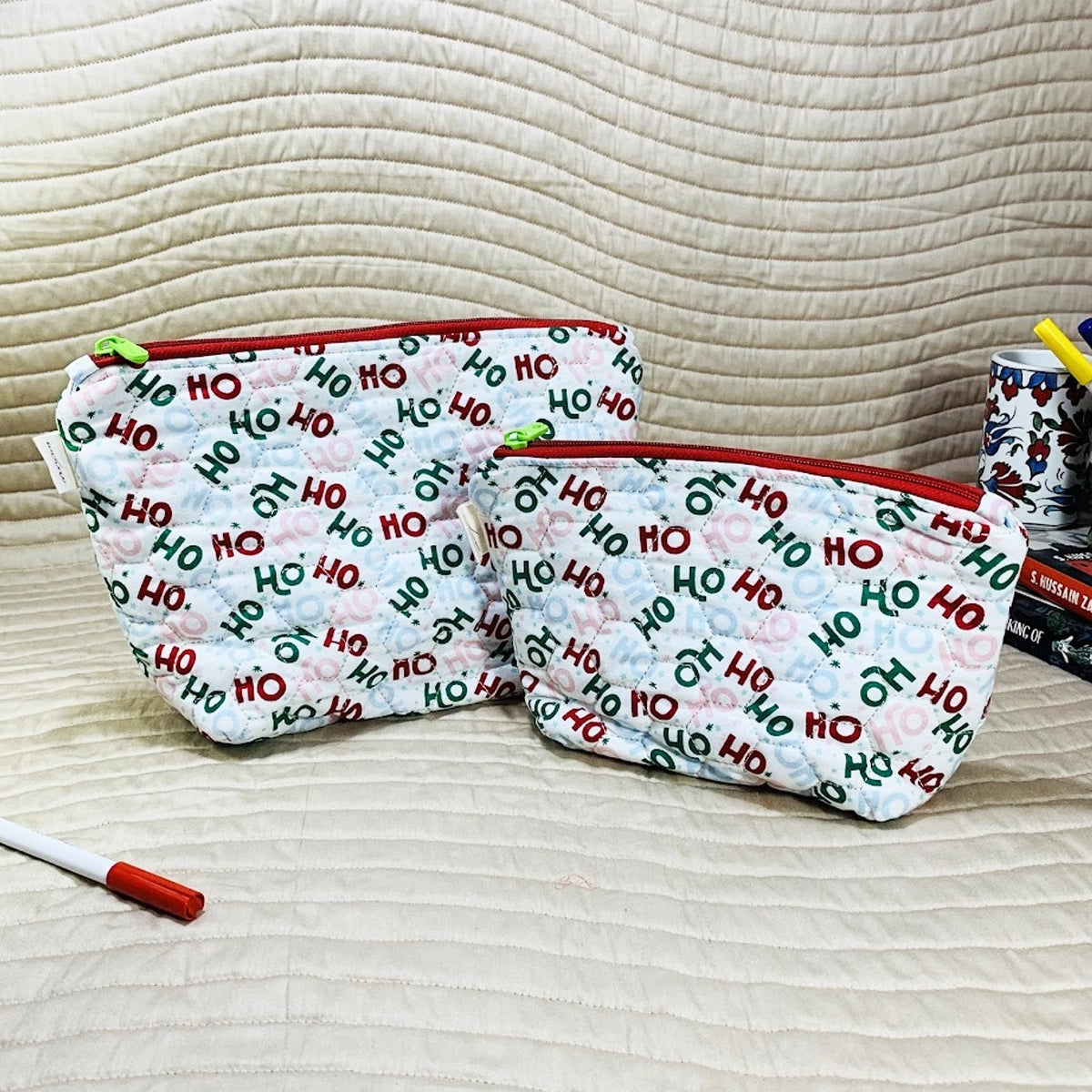 Daisy Pouches: Set of 2: Ho Ho Ho! Christmas White Red Green