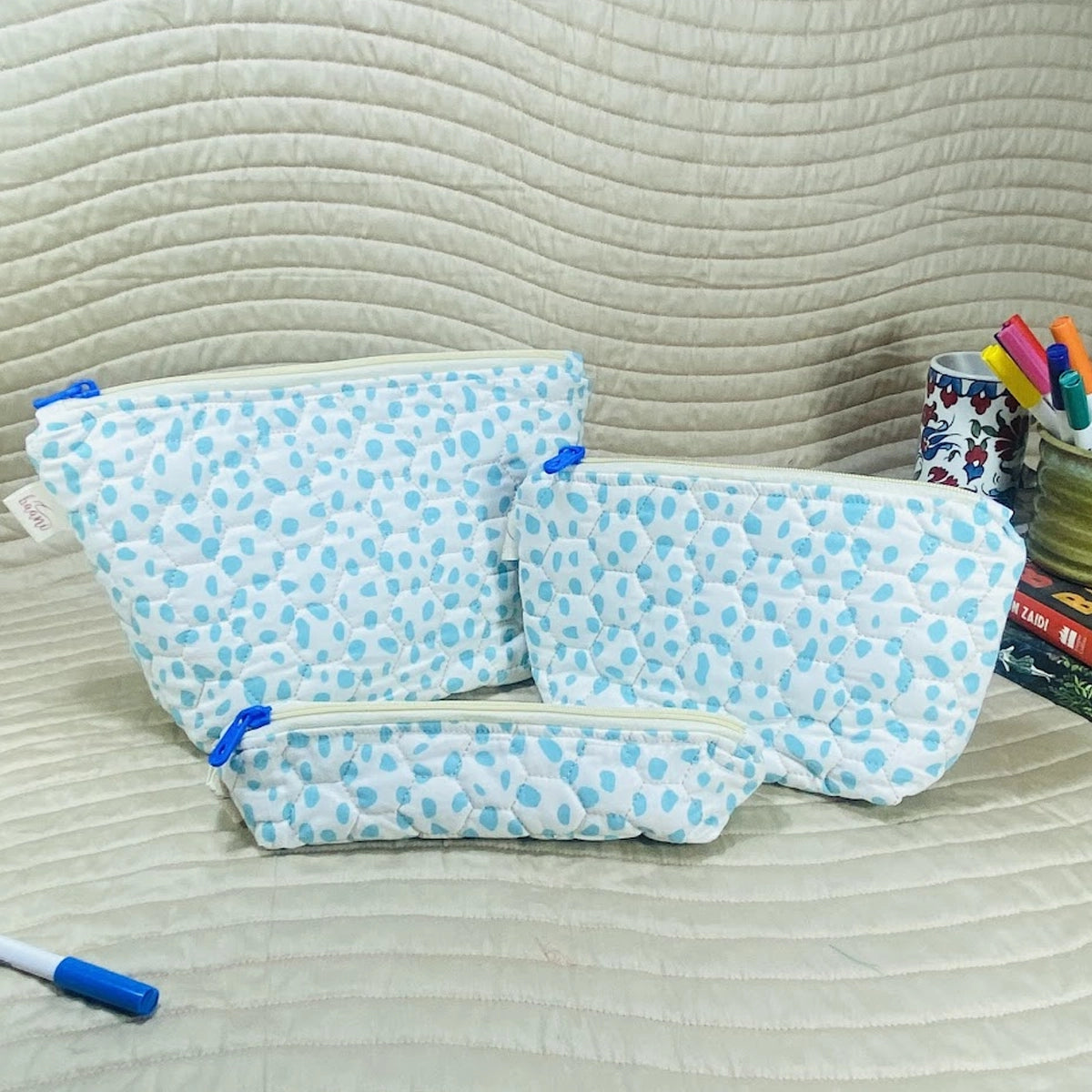 Daisy Pouches: Set of 3: Blue White Animal Spots