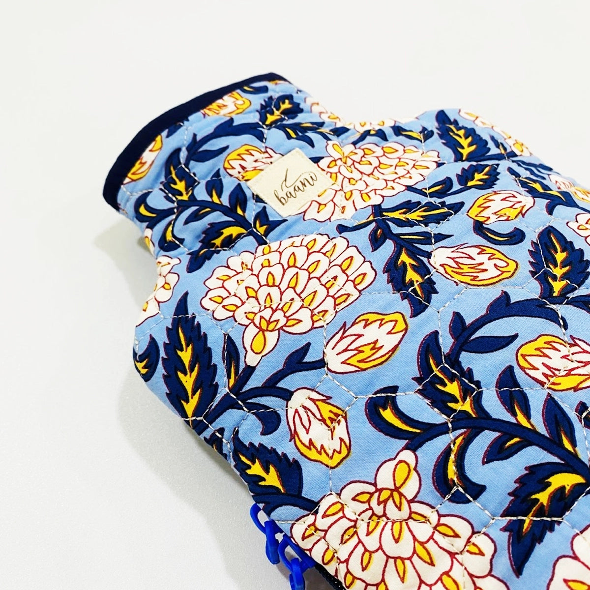 Camellia Hot Water Bag Cover: Blue Yellow Floral