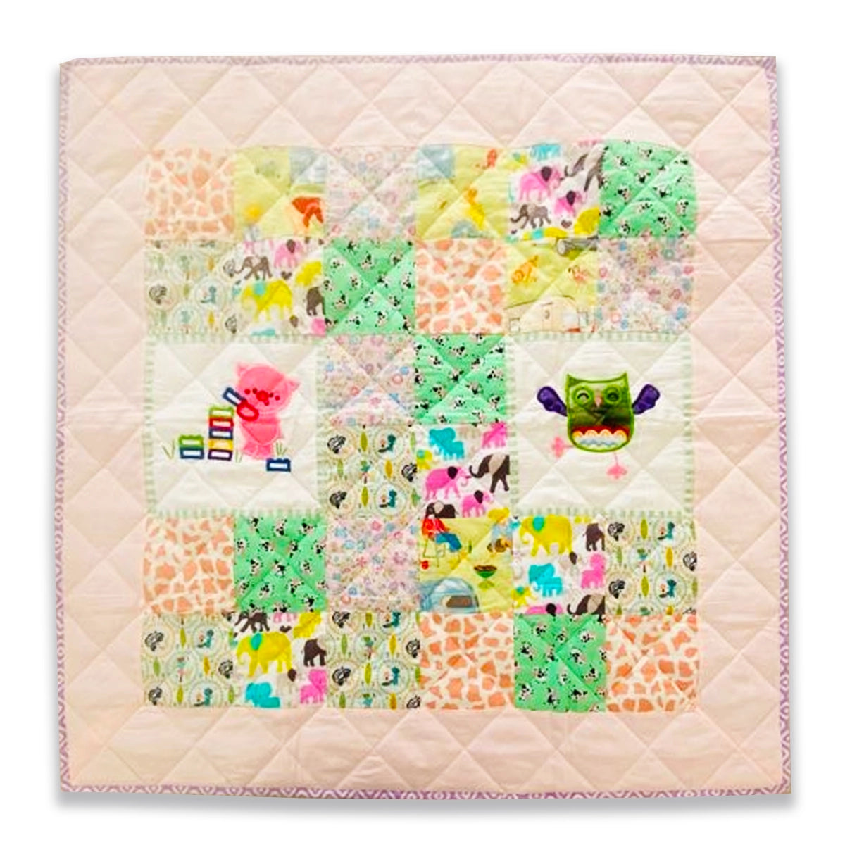 Baby Quilt: Embroidery- PInk & Green Pig and Owl