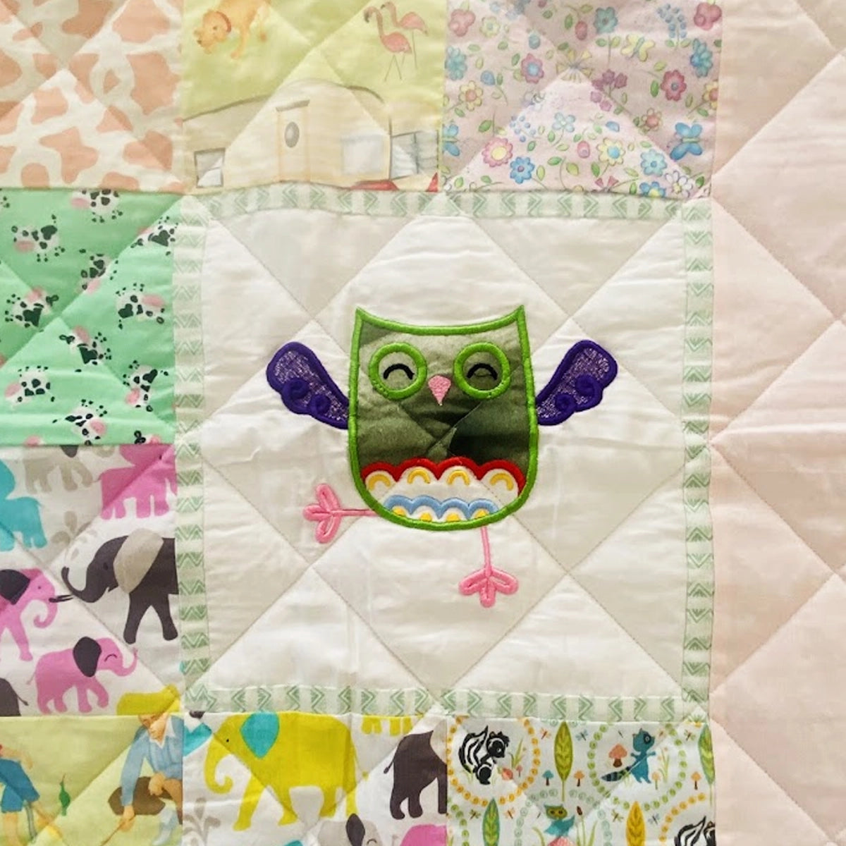 Baby Quilt: Embroidery- PInk & Green Pig and Owl