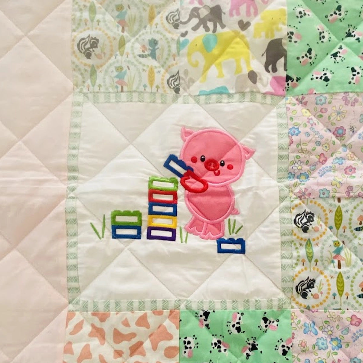 Baby Quilt: Embroidery- PInk & Green Pig and Owl