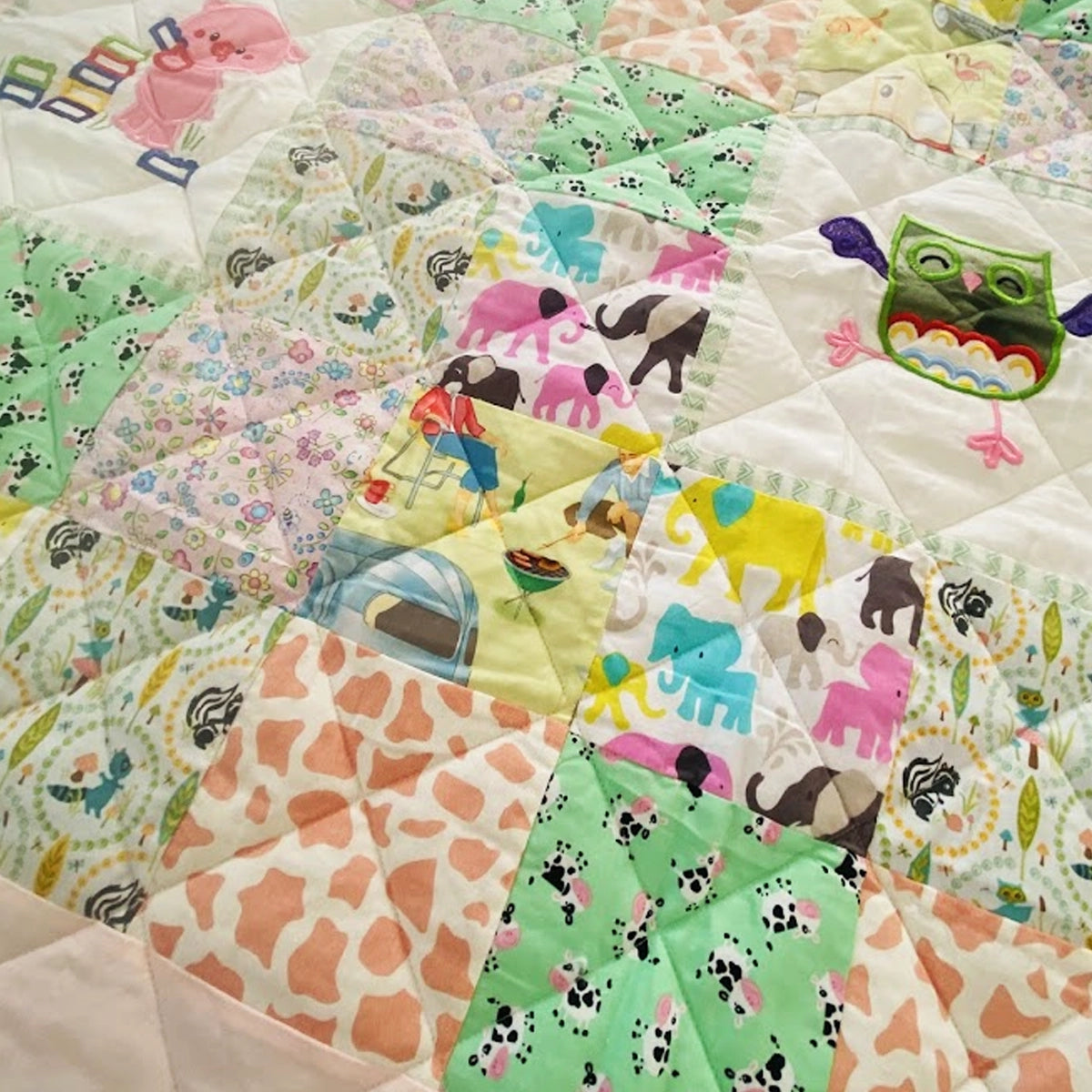 Baby Quilt: Embroidery- PInk & Green Pig and Owl