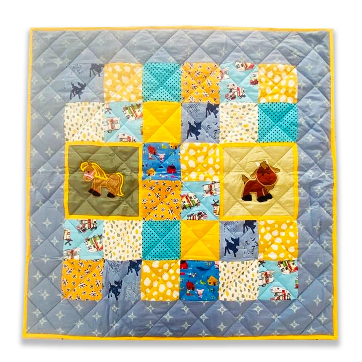 Baby Quilt: Embroidery- Yellow & Blue Horse and Goat