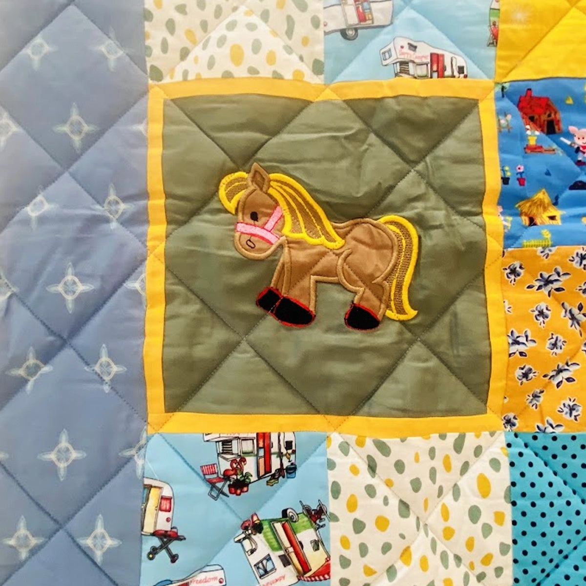 Baby Quilt: Embroidery- Yellow & Blue Horse and Goat