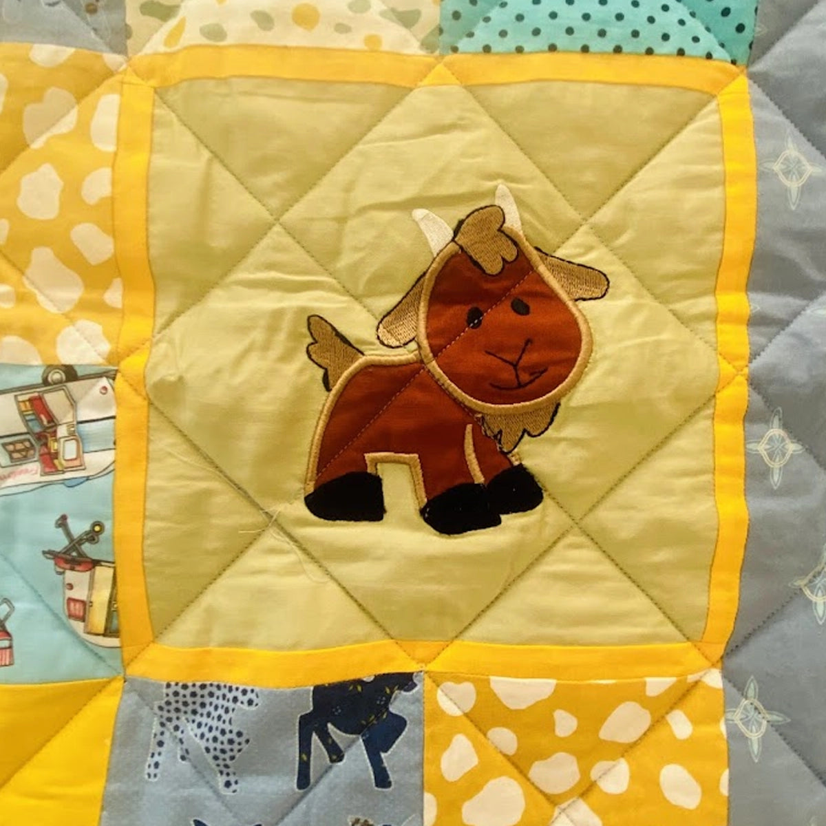 Baby Quilt: Embroidery- Yellow & Blue Horse and Goat