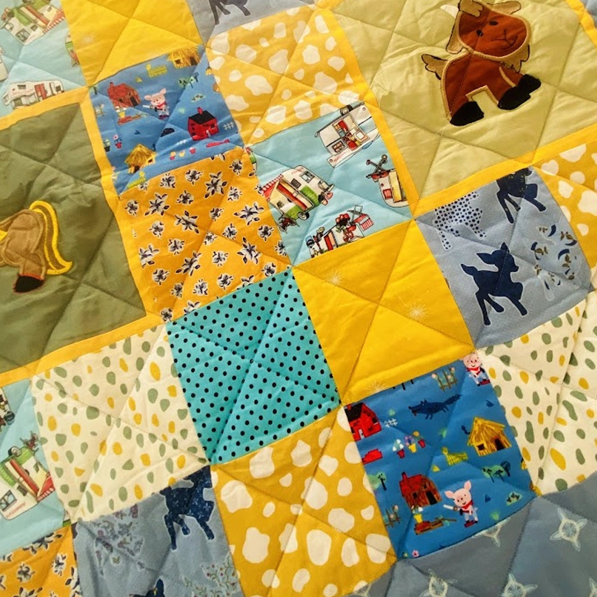 Baby Quilt: Embroidery- Yellow & Blue Horse and Goat