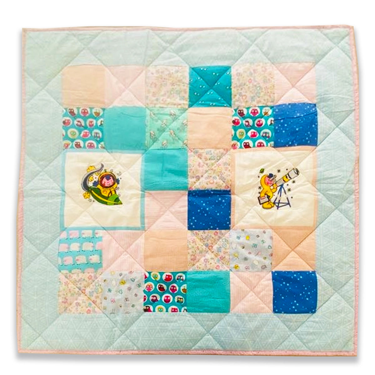 Baby Quilt: Embroidery- Pink & Blue Astronauts