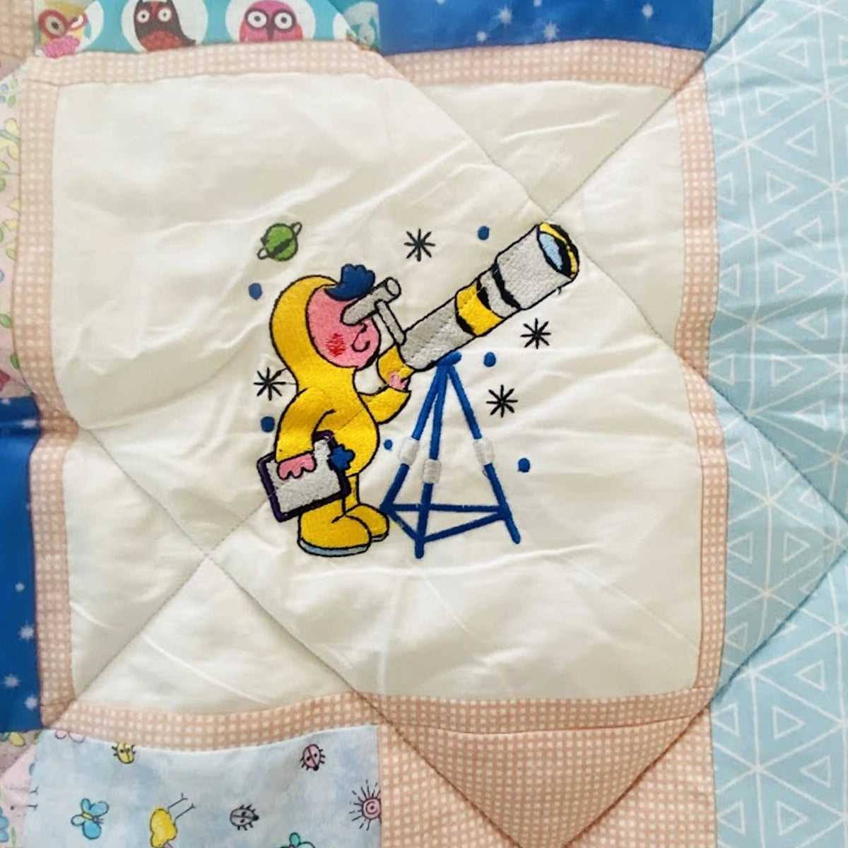 Baby Quilt: Embroidery- Pink & Blue Astronauts