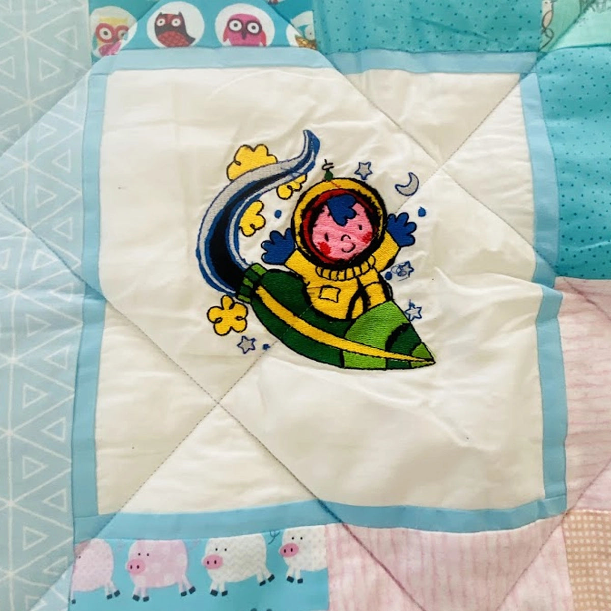 Baby Quilt: Embroidery- Pink & Blue Astronauts