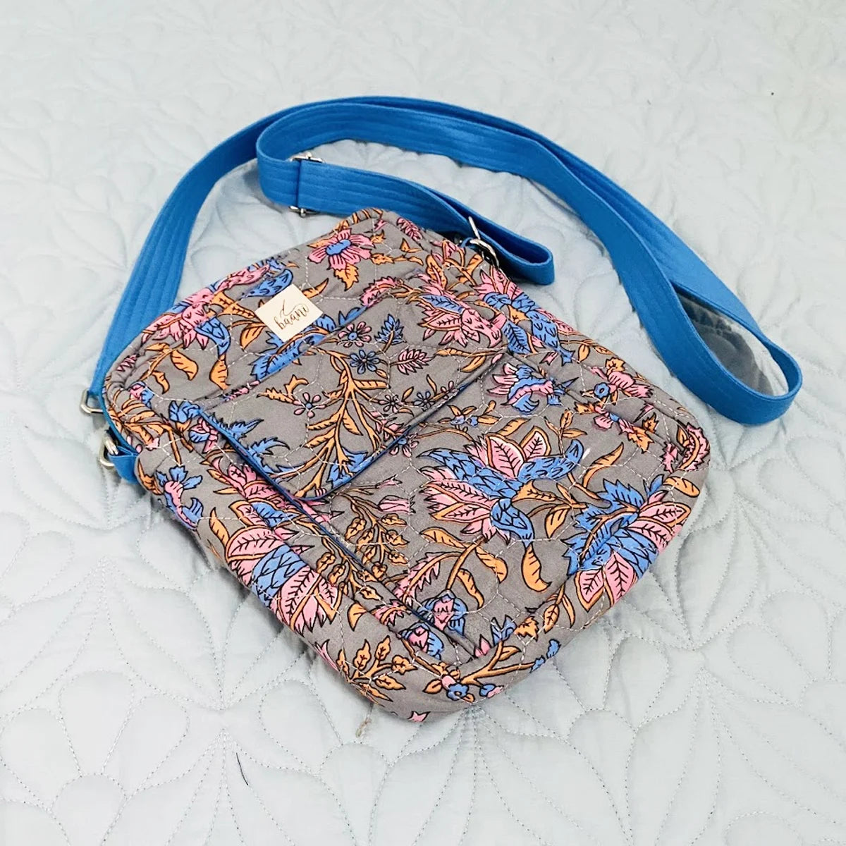 Freesia Sling: Vertical Quilted Sling Bag: Blue Pink Flowers on Grey