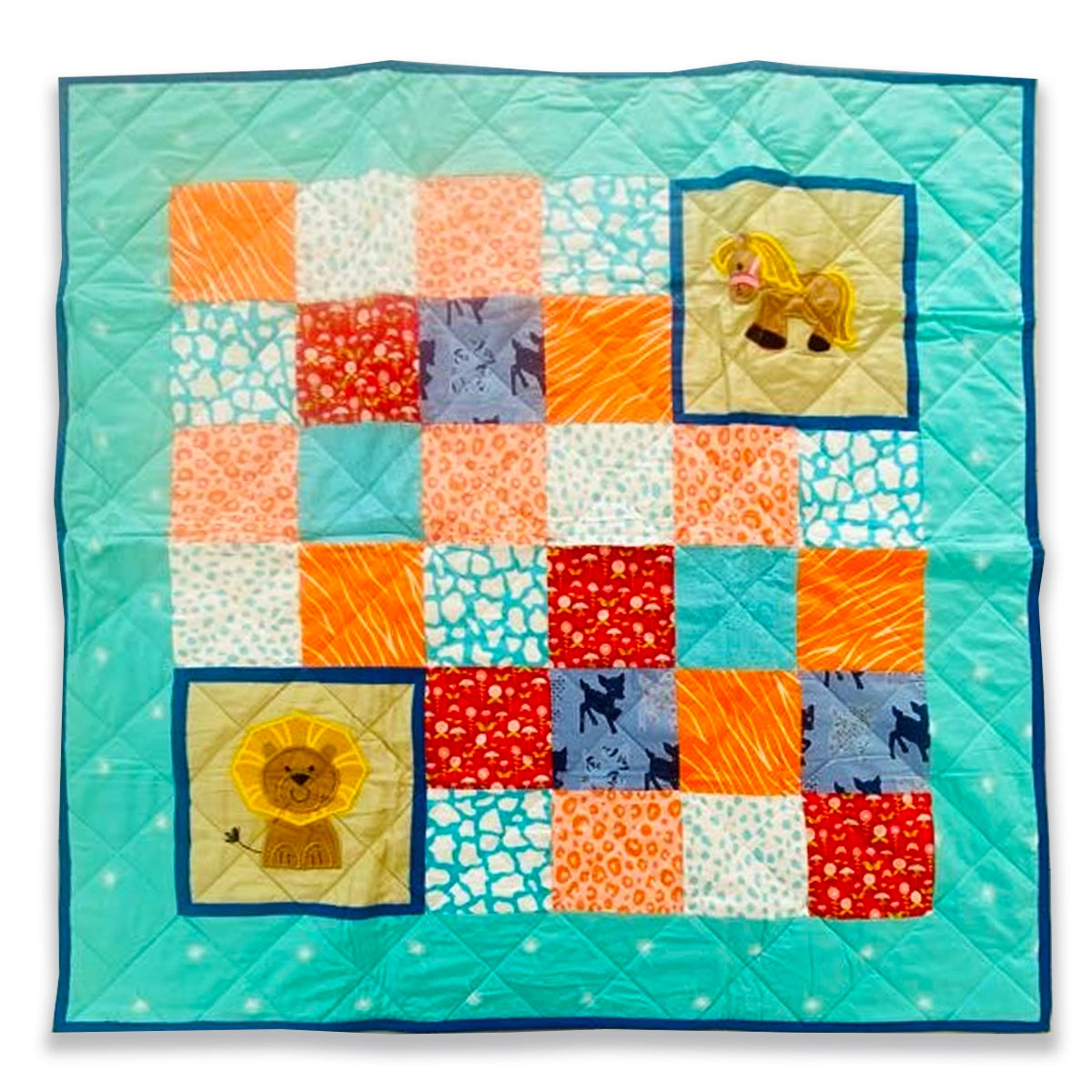 Baby Quilt: Embroidery- Teal & Orange Horse and Lion