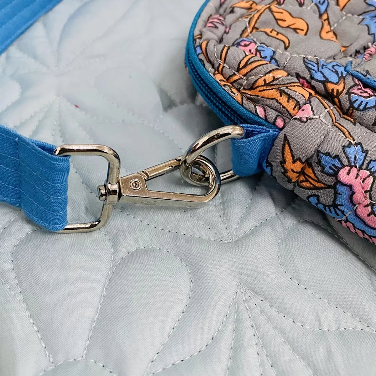 Freesia Sling: Vertical Quilted Sling Bag: Blue Pink Flowers on Grey