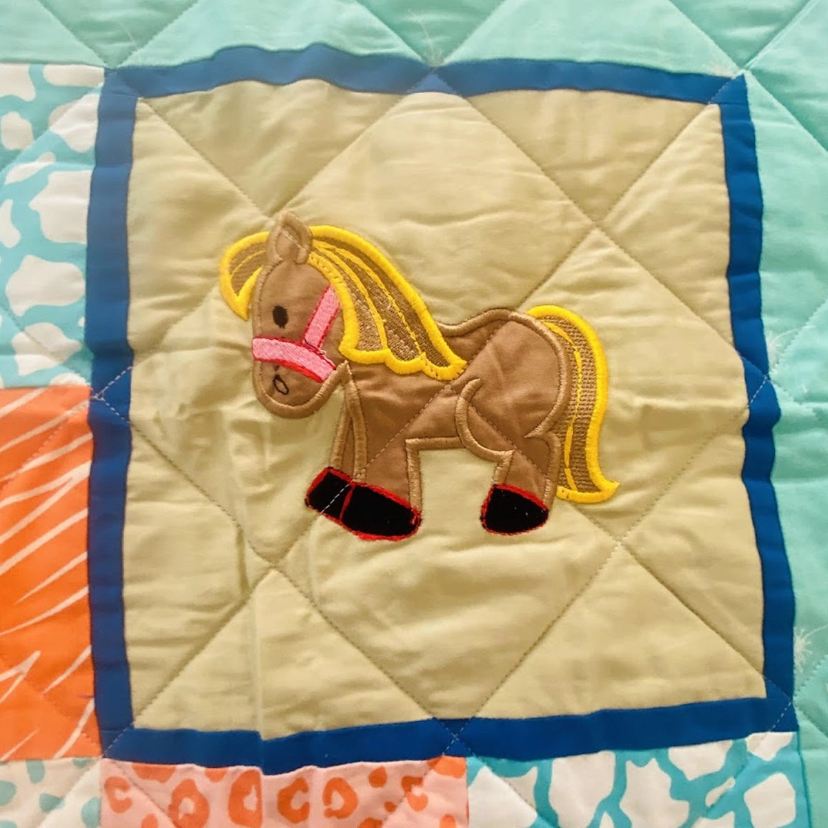 Baby Quilt: Embroidery- Teal & Orange Horse and Lion