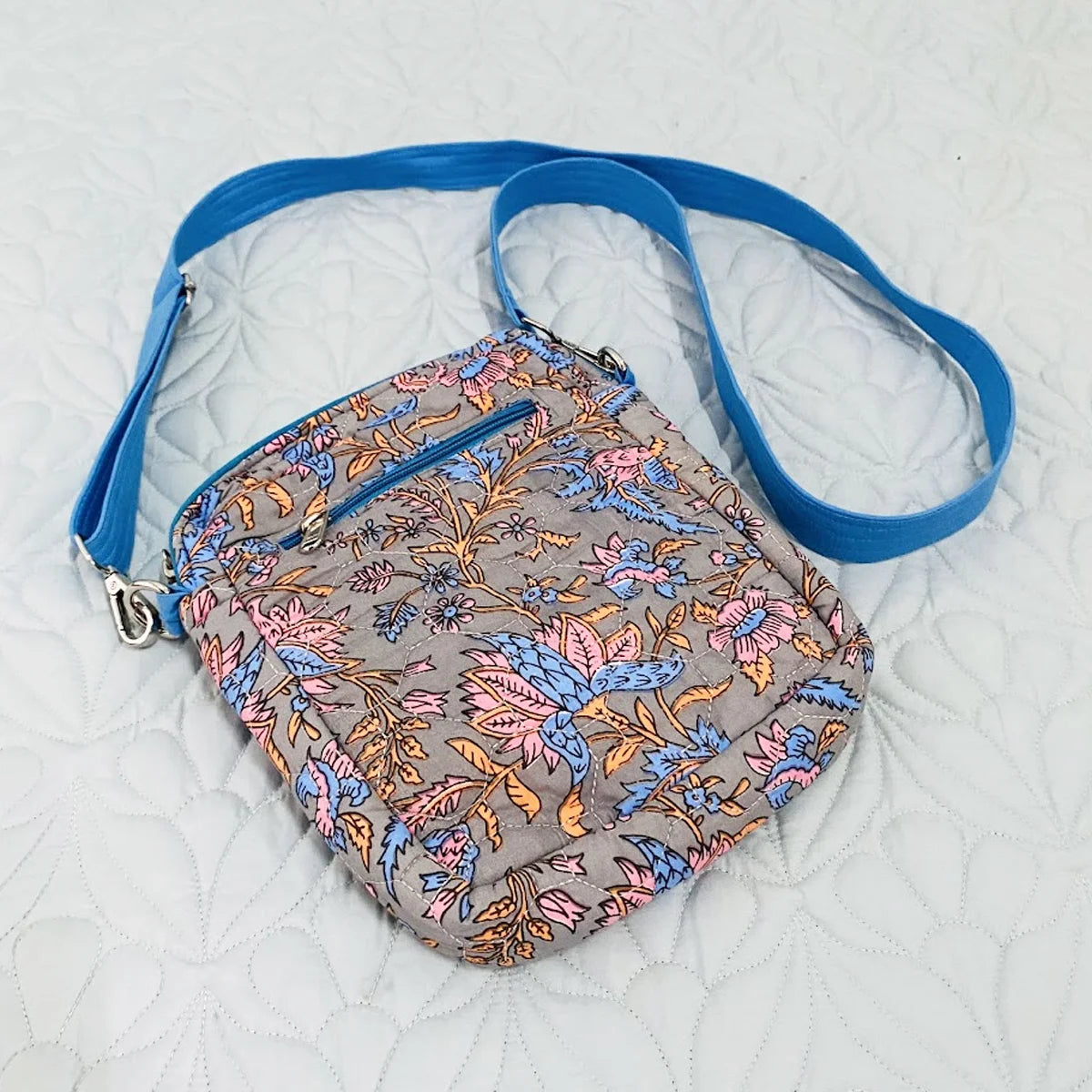 Freesia Sling: Vertical Quilted Sling Bag: Blue Pink Flowers on Grey