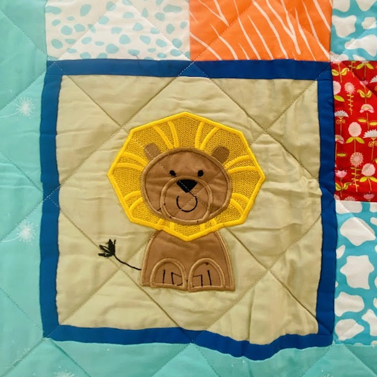 Baby Quilt: Embroidery- Teal & Orange Horse and Lion