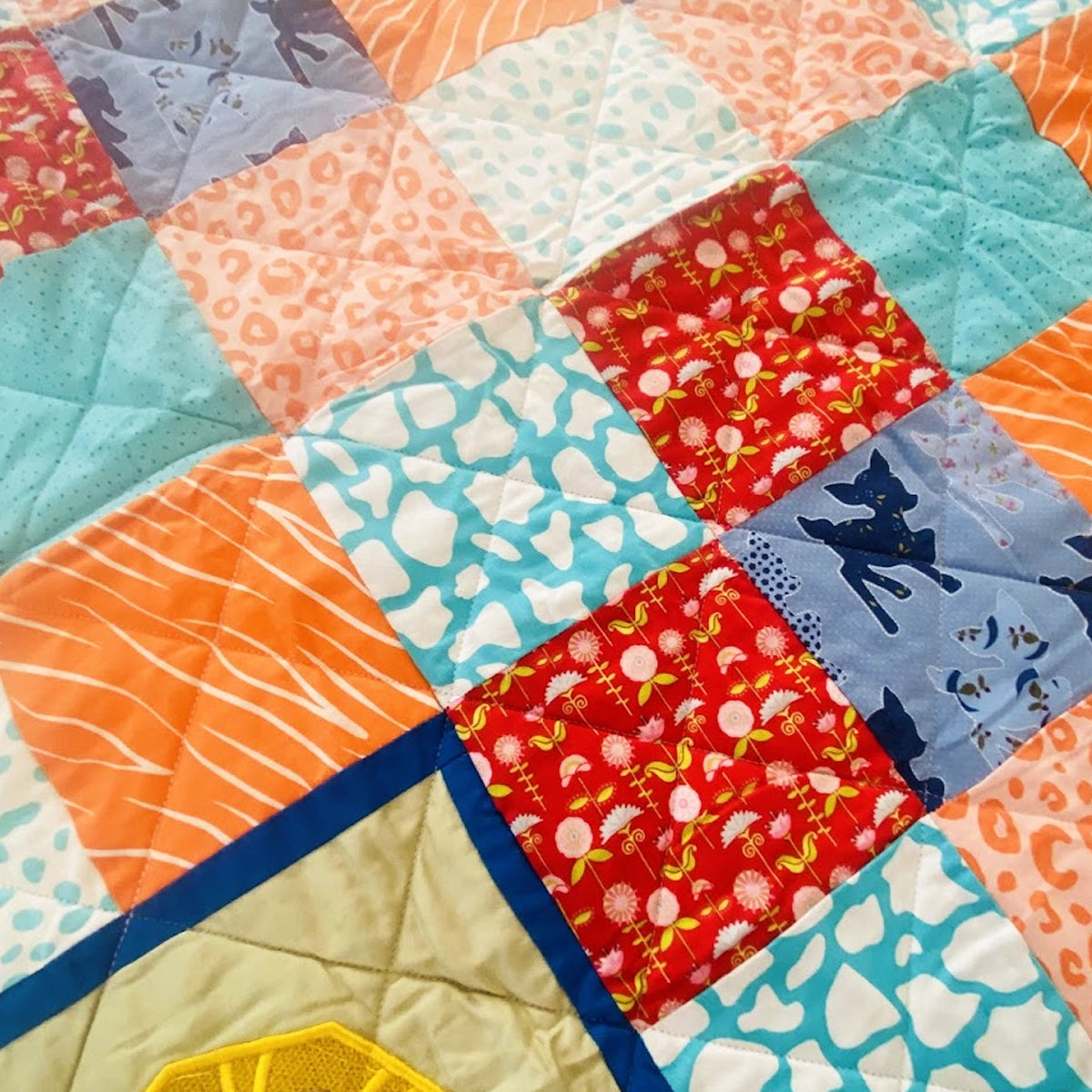 Baby Quilt: Embroidery- Teal & Orange Horse and Lion