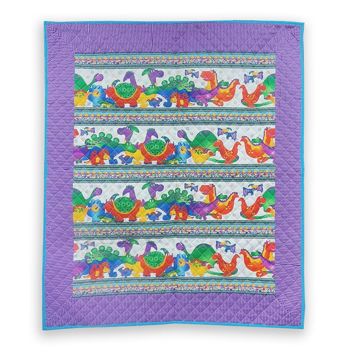 BABY QUILT: White Purple Dinos Parade