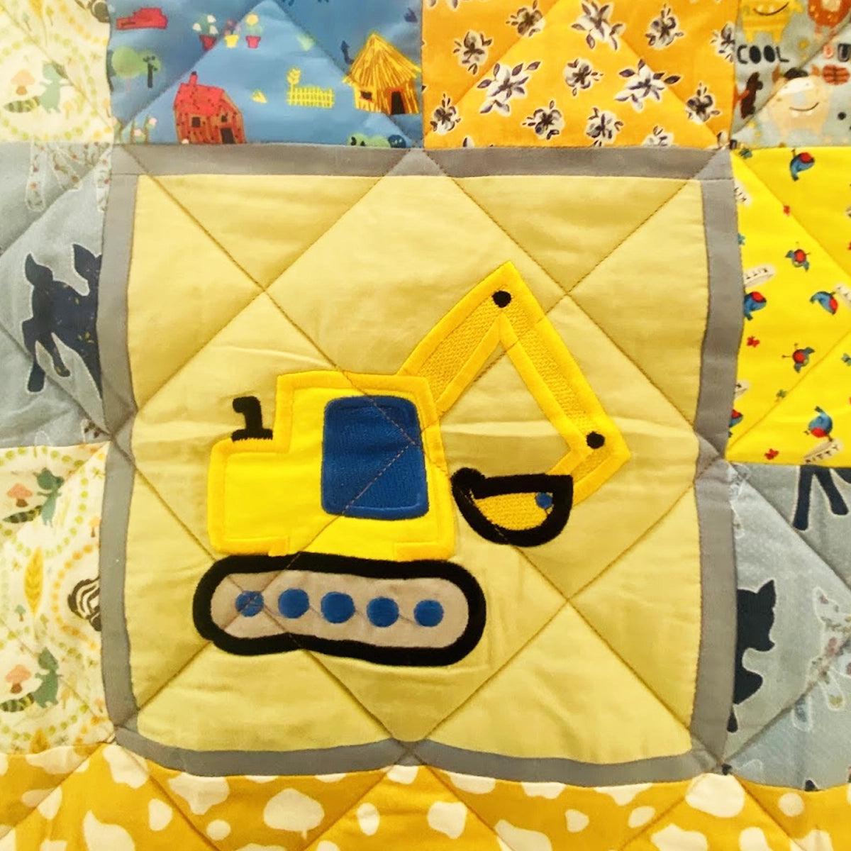 Baby Quilt: Embroidery- Yellow & Blue Construction Trucks