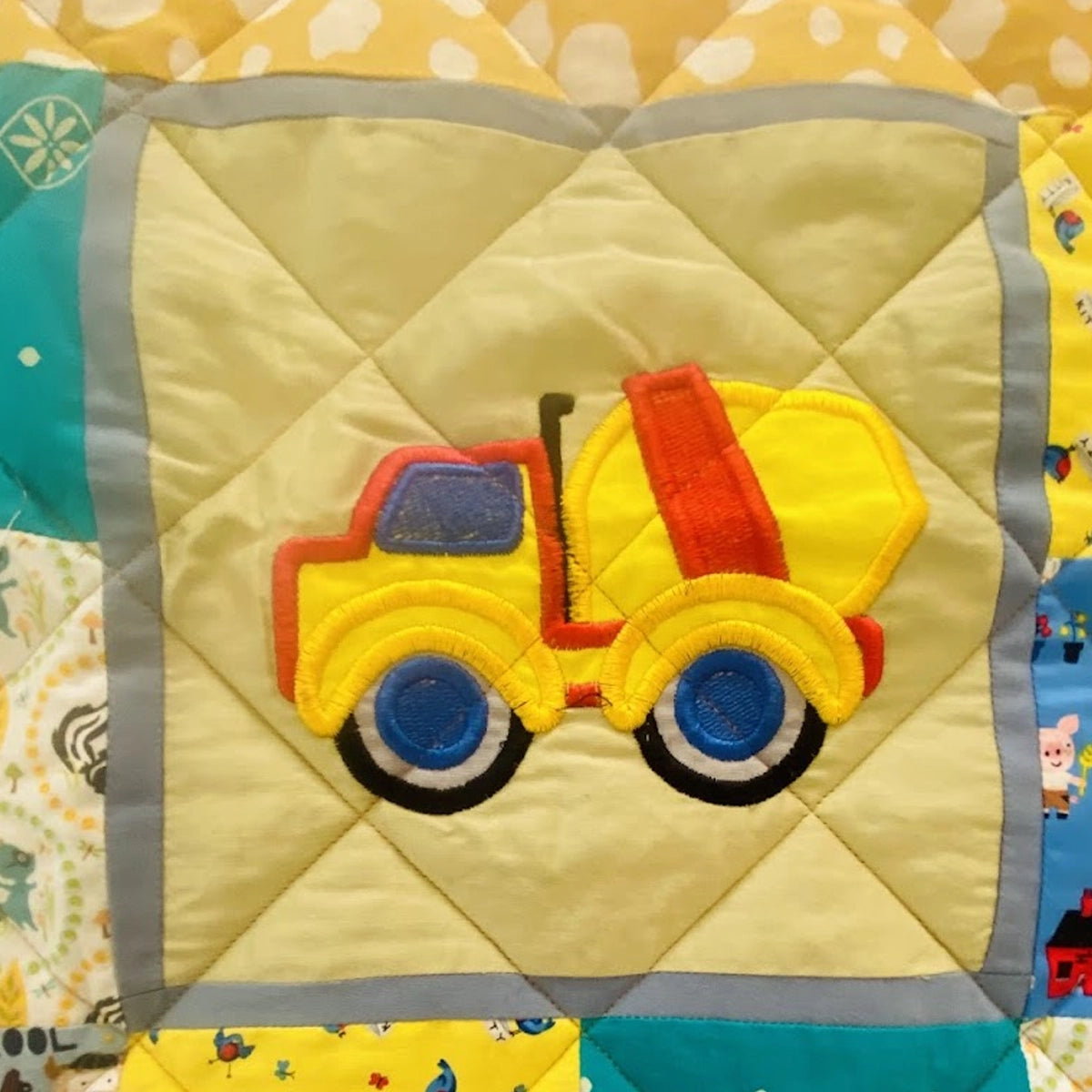 Baby Quilt: Embroidery- Yellow & Blue Construction Trucks