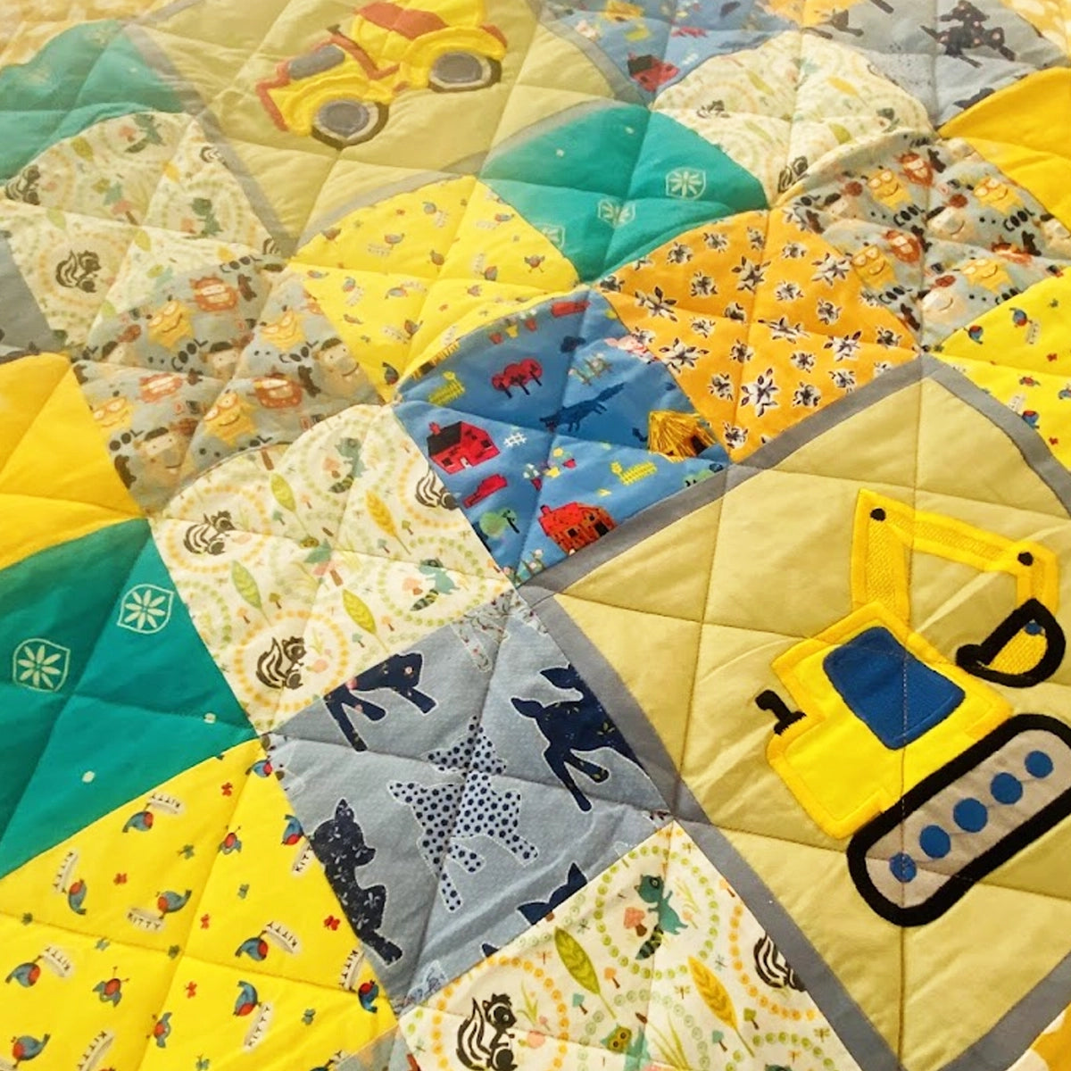 Baby Quilt: Embroidery- Yellow & Blue Construction Trucks