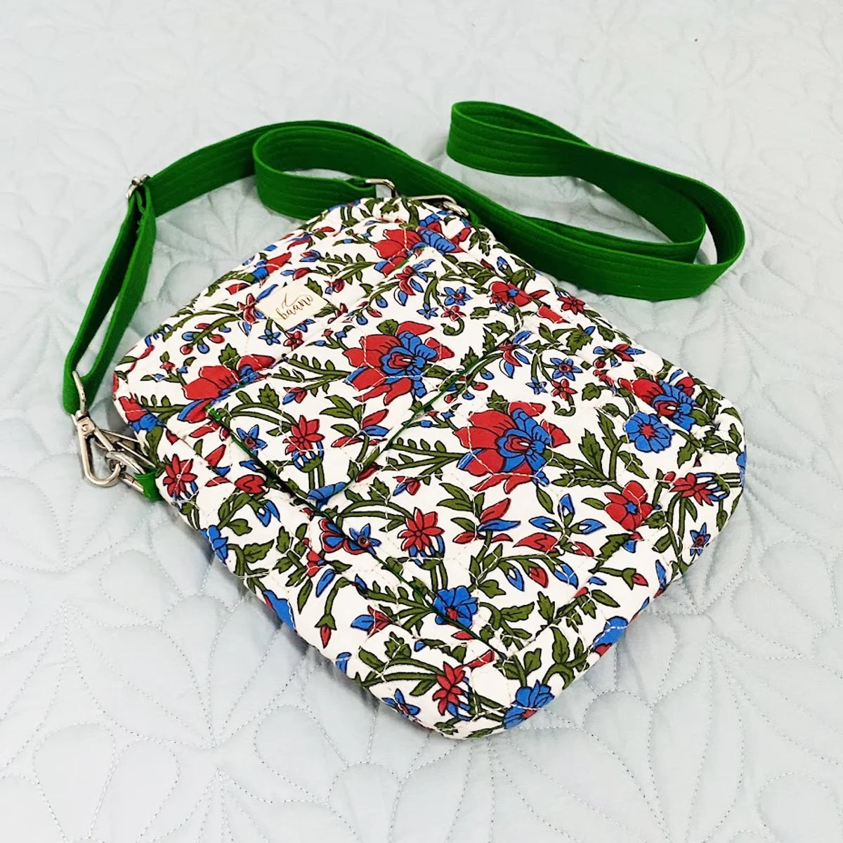 Freesia Sling: Vertical Quilted Sling Bag: Red Blue Flowers on White