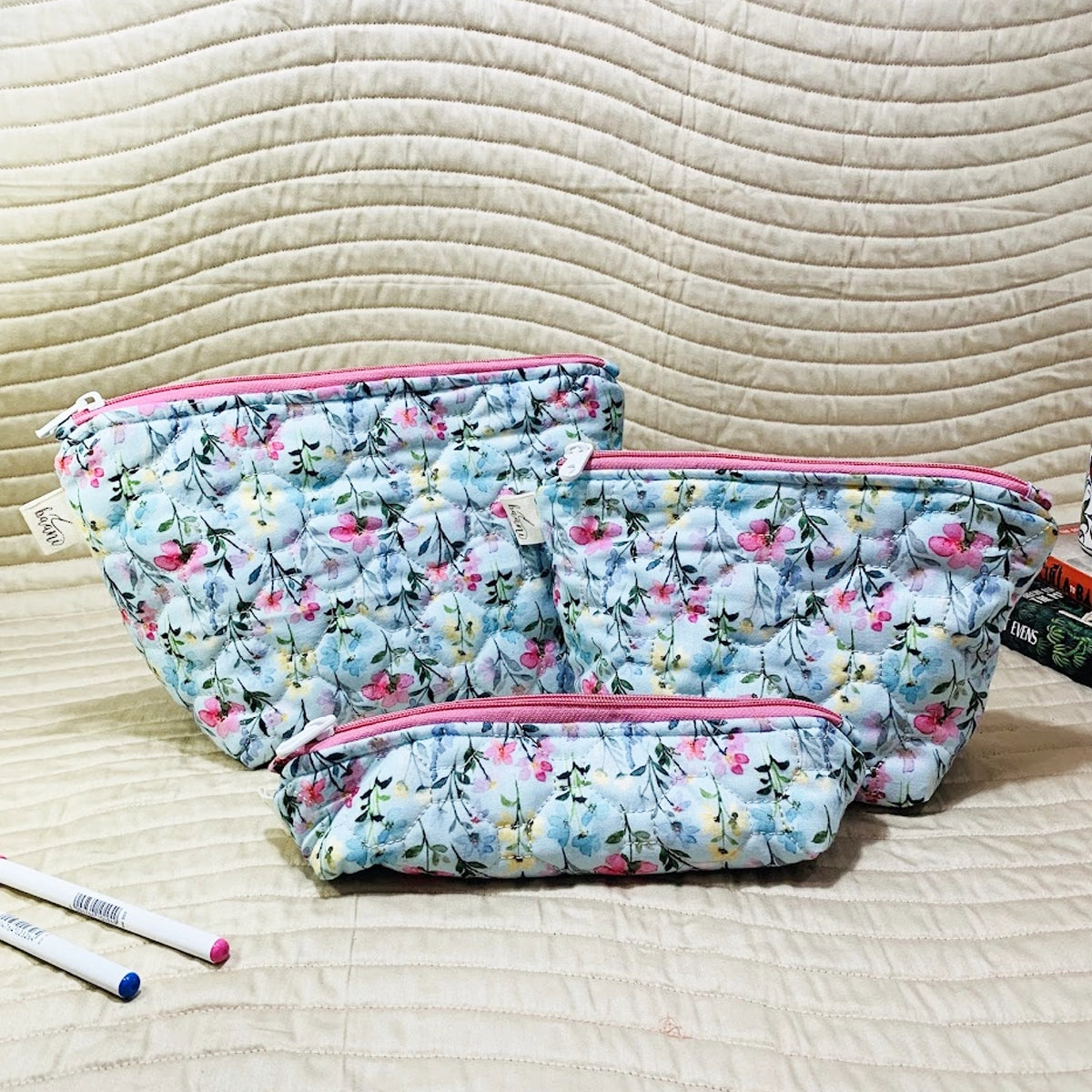 Daisy Pouches: Set of 3: Field Flowers on Blue Green Pink