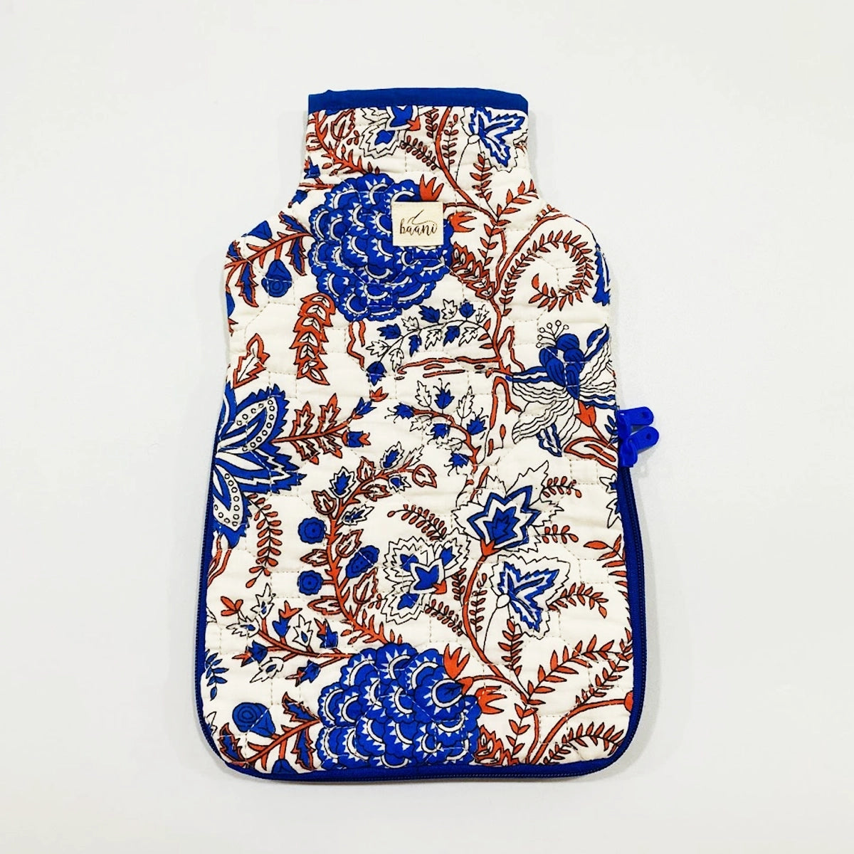 Camellia Hot Water Bag Cover: Blue Orange Florals on White