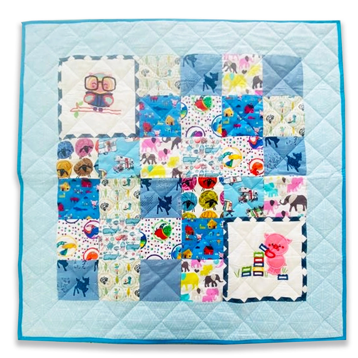 Baby Quilt: Embroidery- Blue & Green Learning Owl and Pig