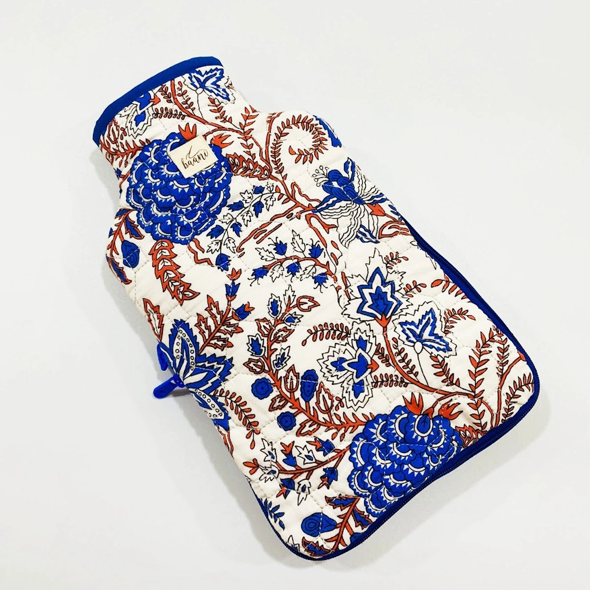 Camellia Hot Water Bag Cover: Blue Orange Florals on White