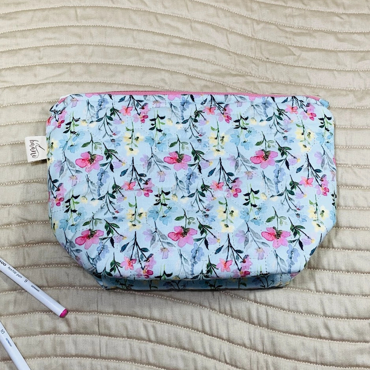 Daisy Pouches: Set of 3: Field Flowers on Blue Green Pink