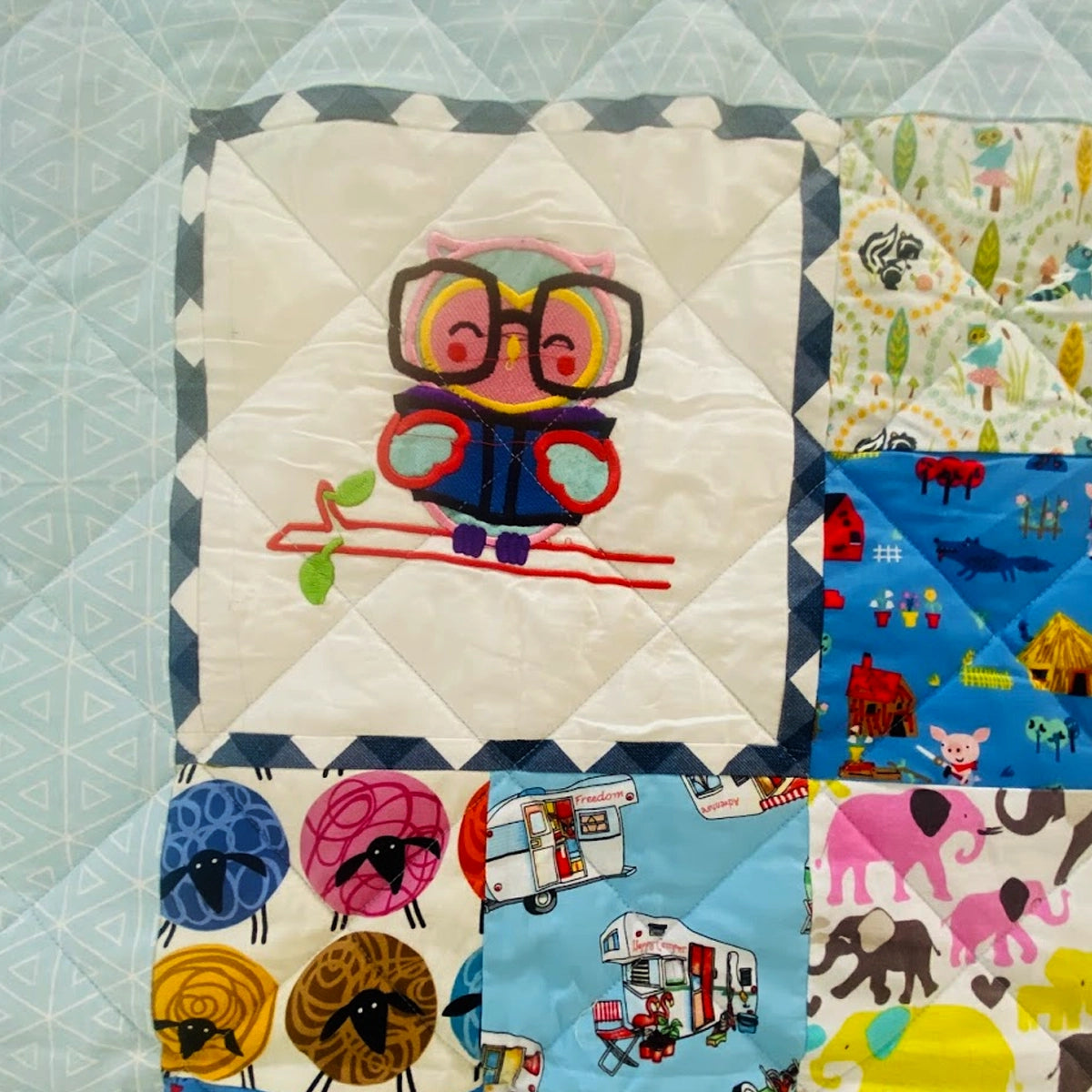 Baby Quilt: Embroidery- Blue & Green Learning Owl and Pig