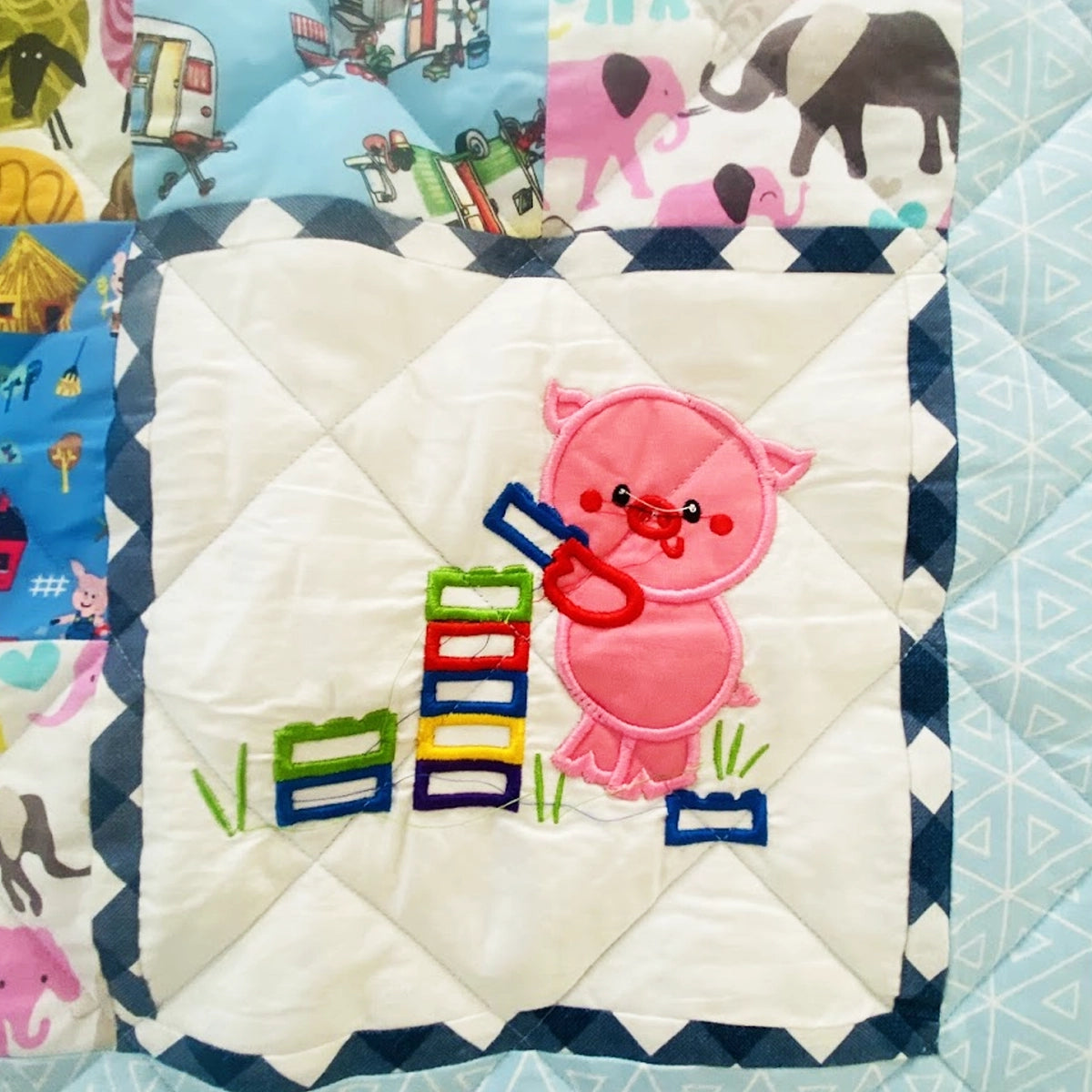 Baby Quilt: Embroidery- Blue & Green Learning Owl and Pig