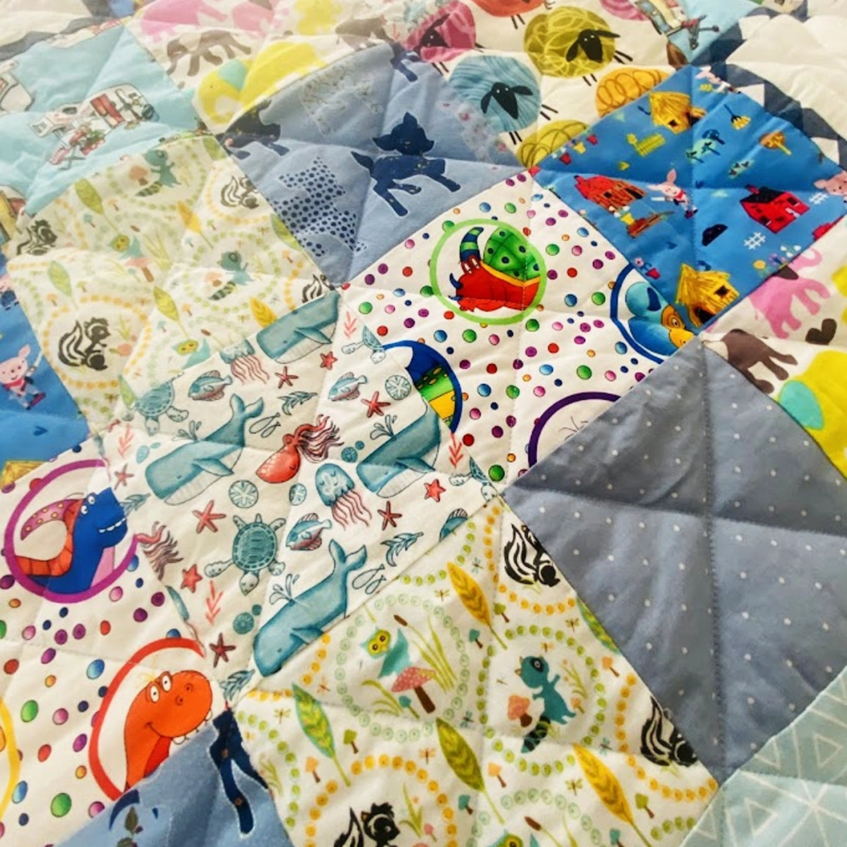 Baby Quilt: Embroidery- Blue & Green Learning Owl and Pig