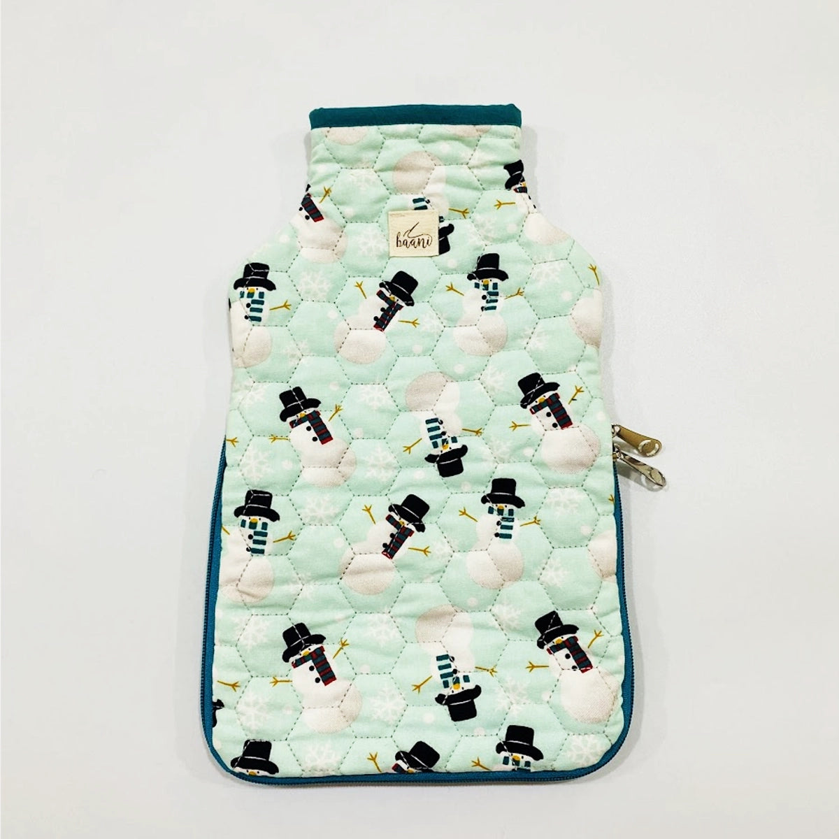 Camellia Hot Water Bag Cover: Teal Snowmen