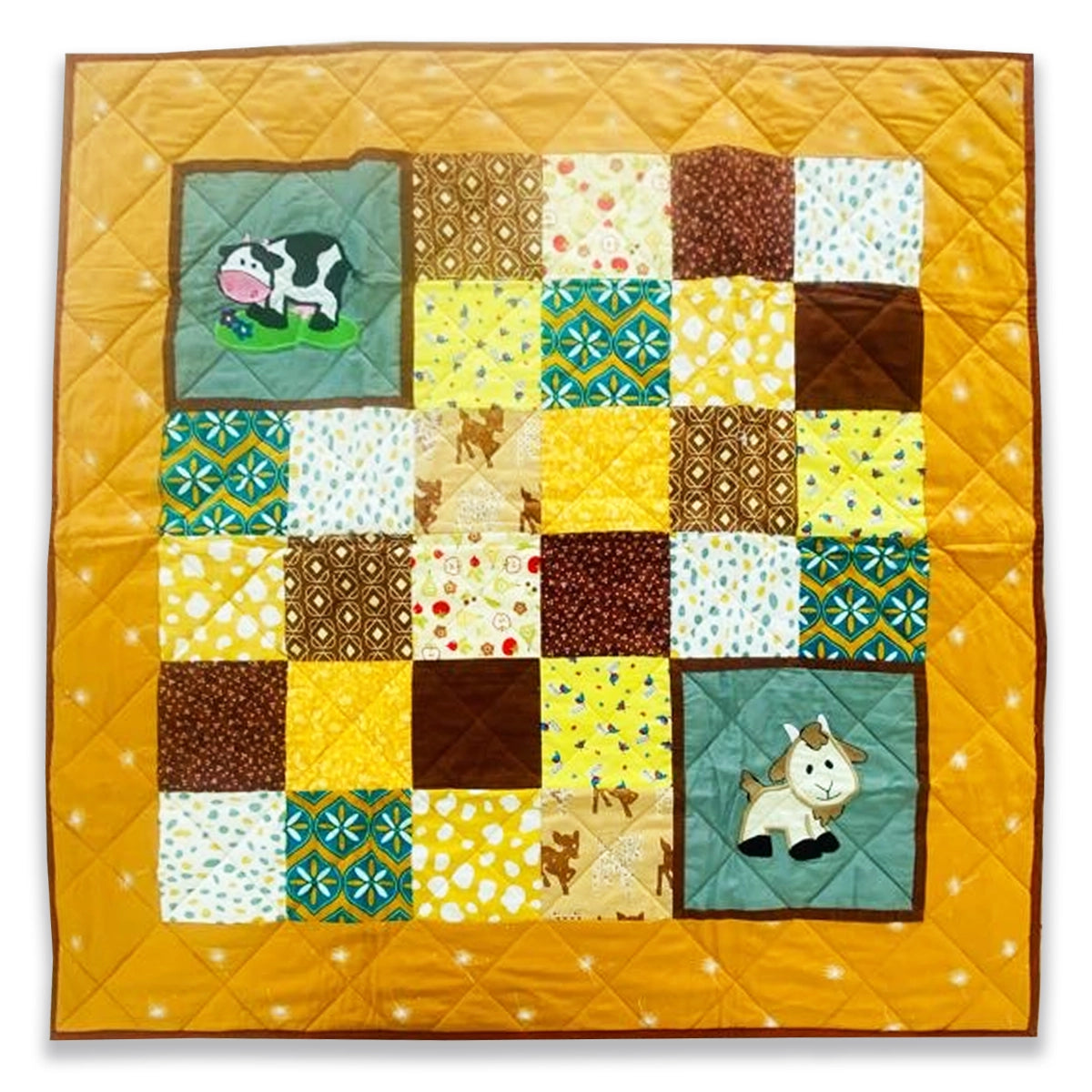 Baby Quilt: Embroidery- Brown & Yellow Cow and Goat