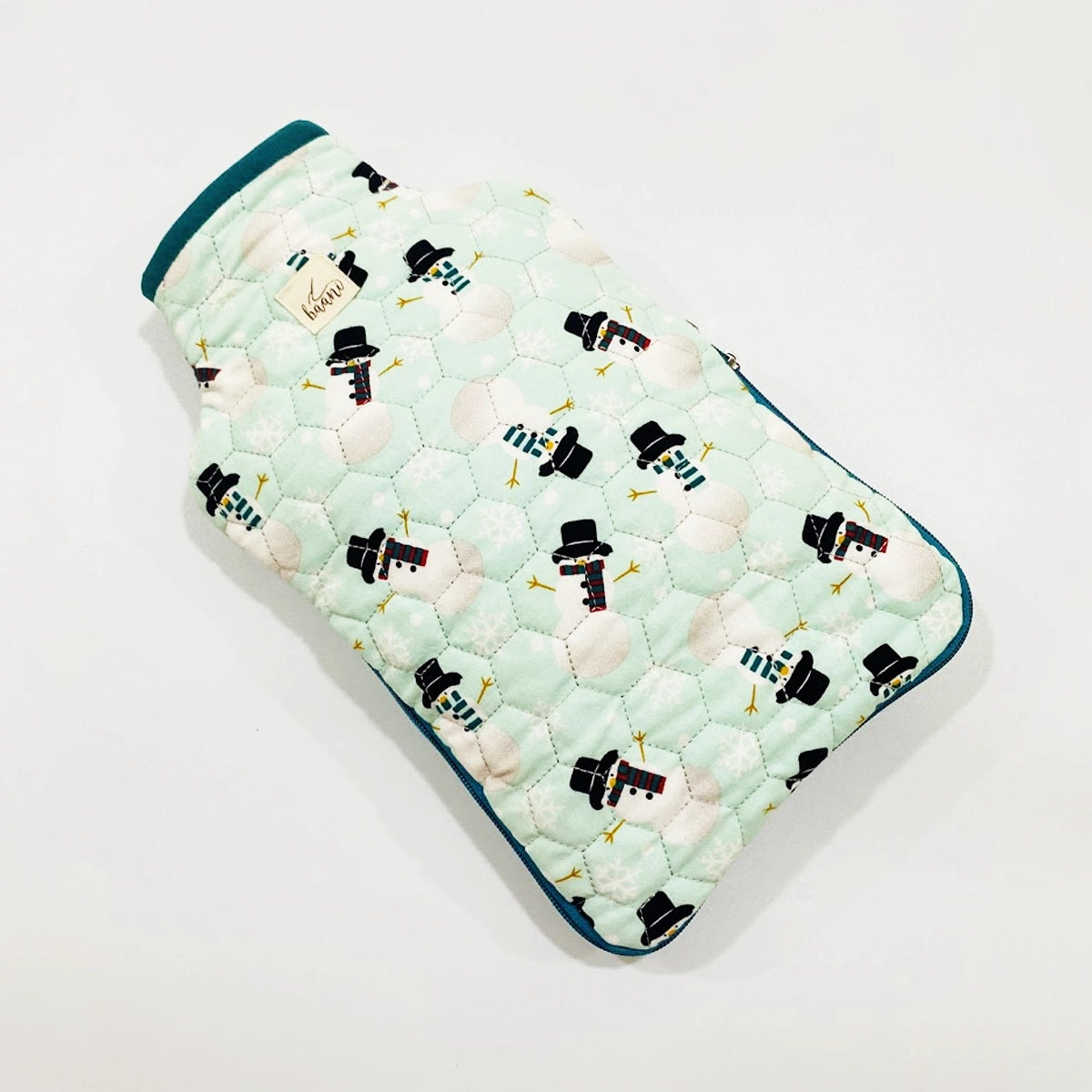 Camellia Hot Water Bag Cover: Teal Snowmen