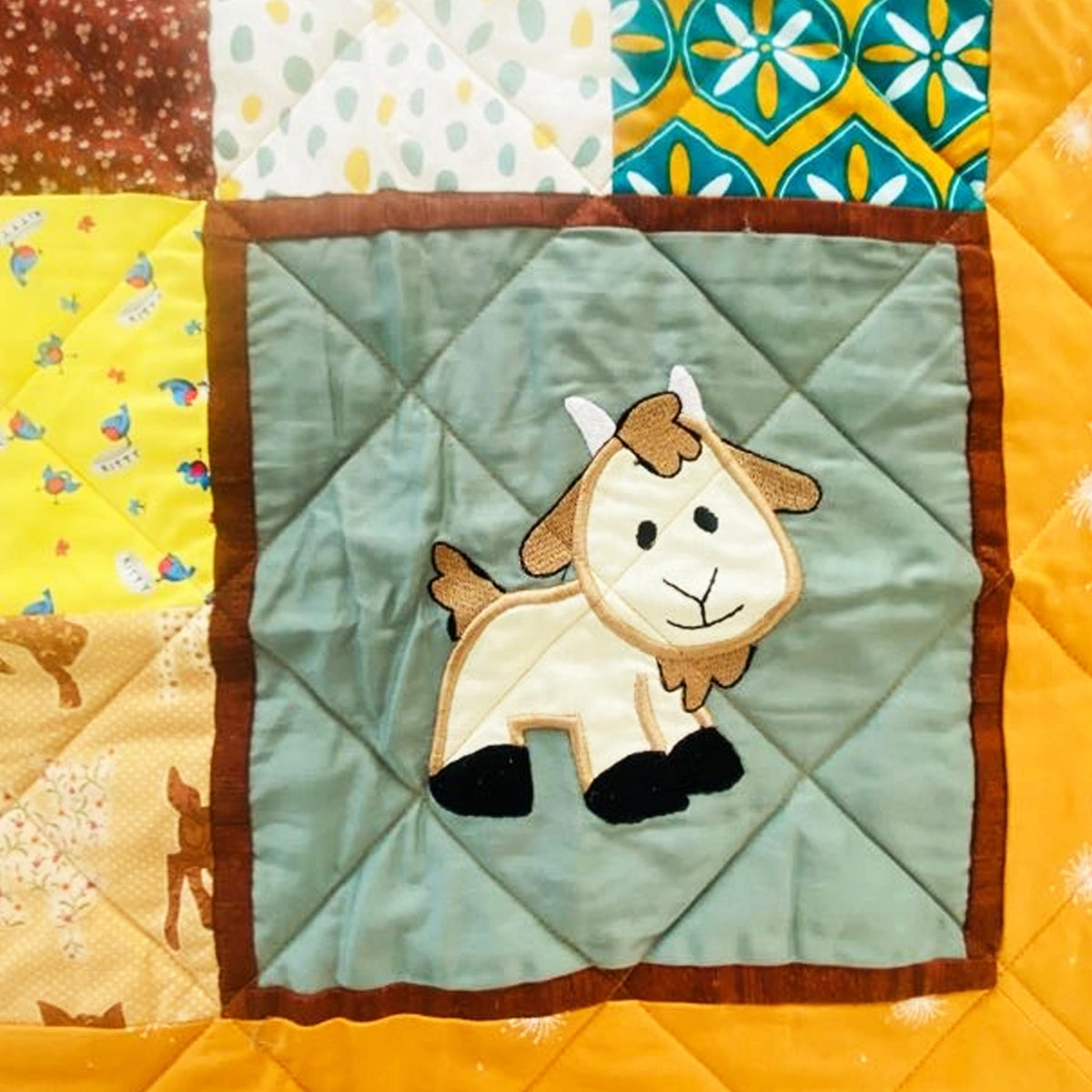 Baby Quilt: Embroidery- Brown & Yellow Cow and Goat