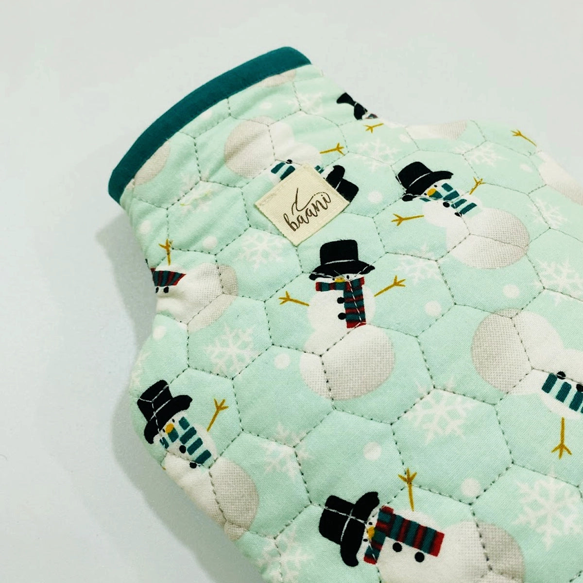 Camellia Hot Water Bag Cover: Teal Snowmen