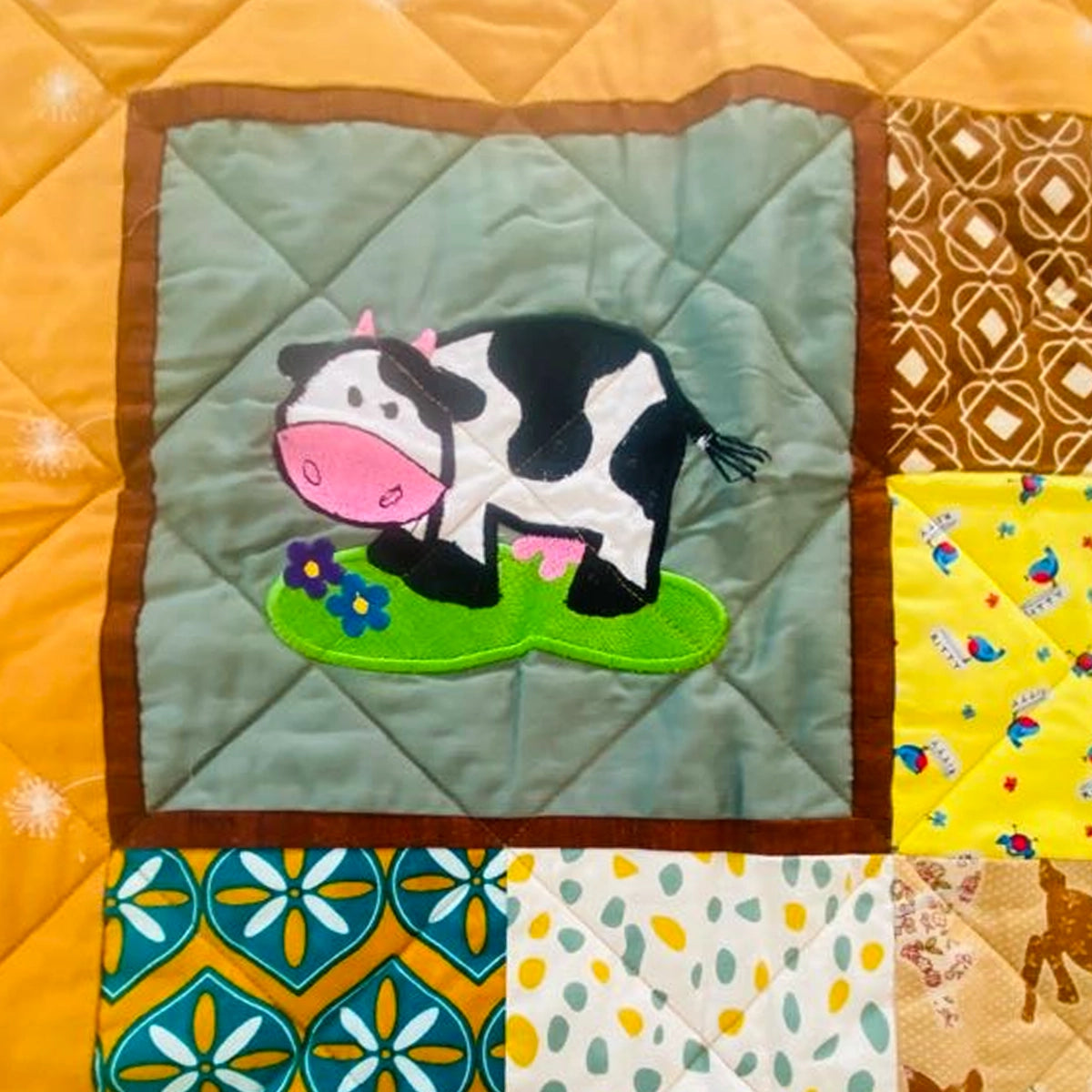 Baby Quilt: Embroidery- Brown & Yellow Cow and Goat