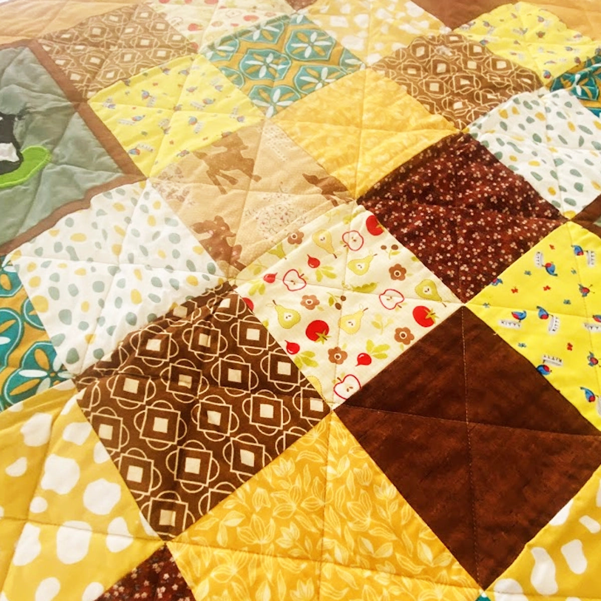 Baby Quilt: Embroidery- Brown & Yellow Cow and Goat