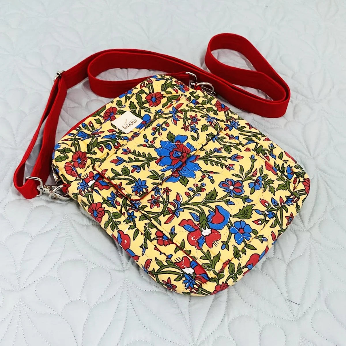 Freesia Sling: Vertical Quilted Sling Bag: Red Blue Green Flowers on Yellow