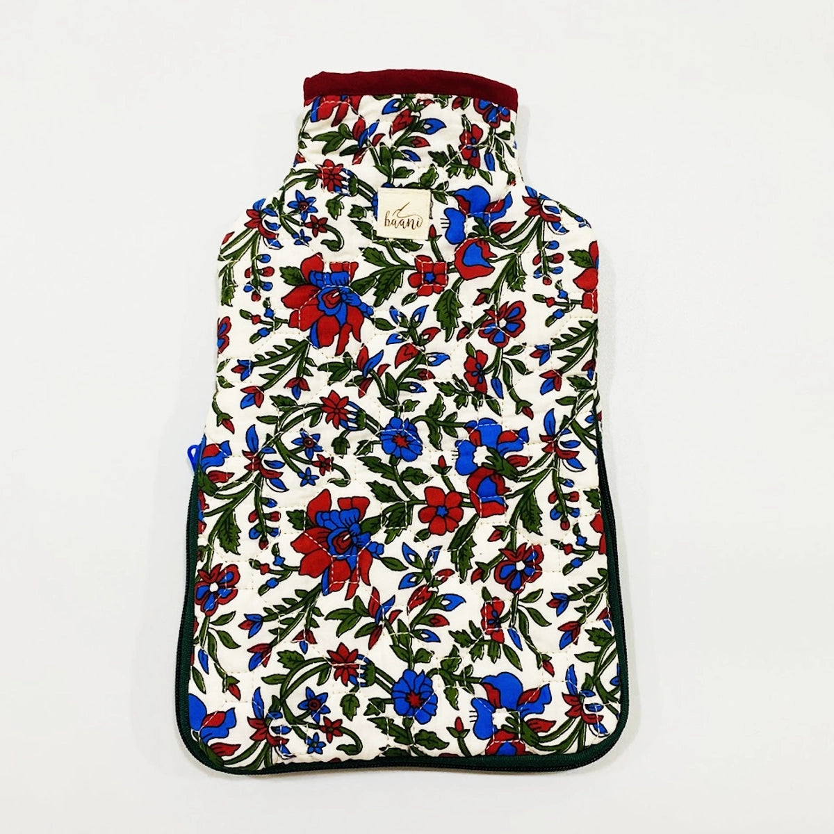 Camellia Hot Water Bag Cover: Red Blue Florals on White